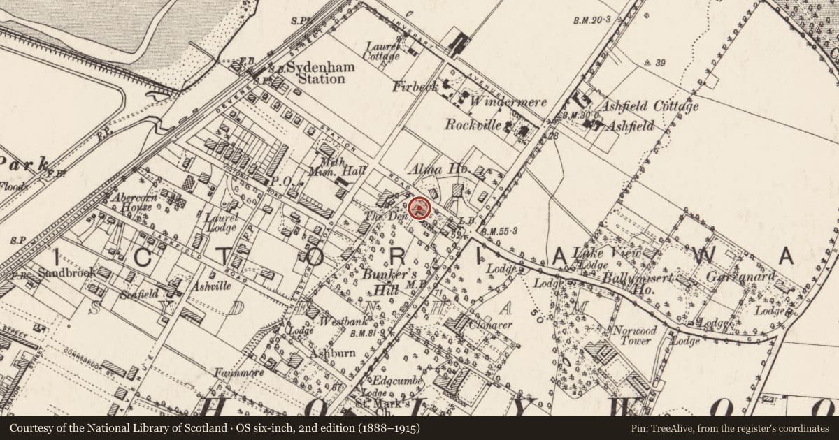 Ordnance Survey six-inch map, 2nd edition (1888–1915) covering the location of 12 Station Road, Belfast, with a pin at the register's coordinates