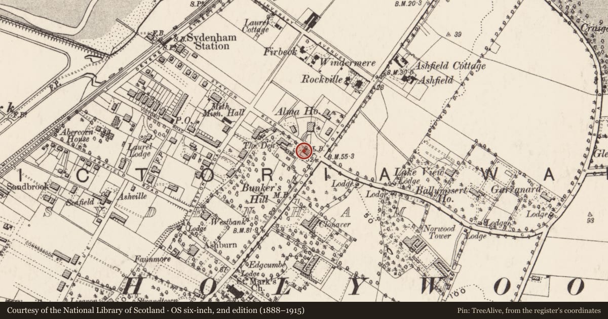 Ordnance Survey six-inch map, 2nd edition (1888–1915) covering the location of 4 Station Road, Strandtown, Belfast, with a pin at the register's coordinates