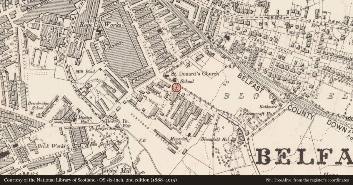 Ordnance Survey six-inch map, 2nd edition (1888–1915) covering the location of 21 Bloomfield Road, BALLYHACKAMORE, Belfast, with a pin at the register's coordinates