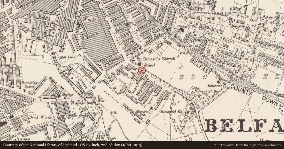 Ordnance Survey six-inch map, 2nd edition (1888–1915) covering the location of 23 Bloomfield Road, Ballyhackamore, Belfast, with a pin at the register's coordinates