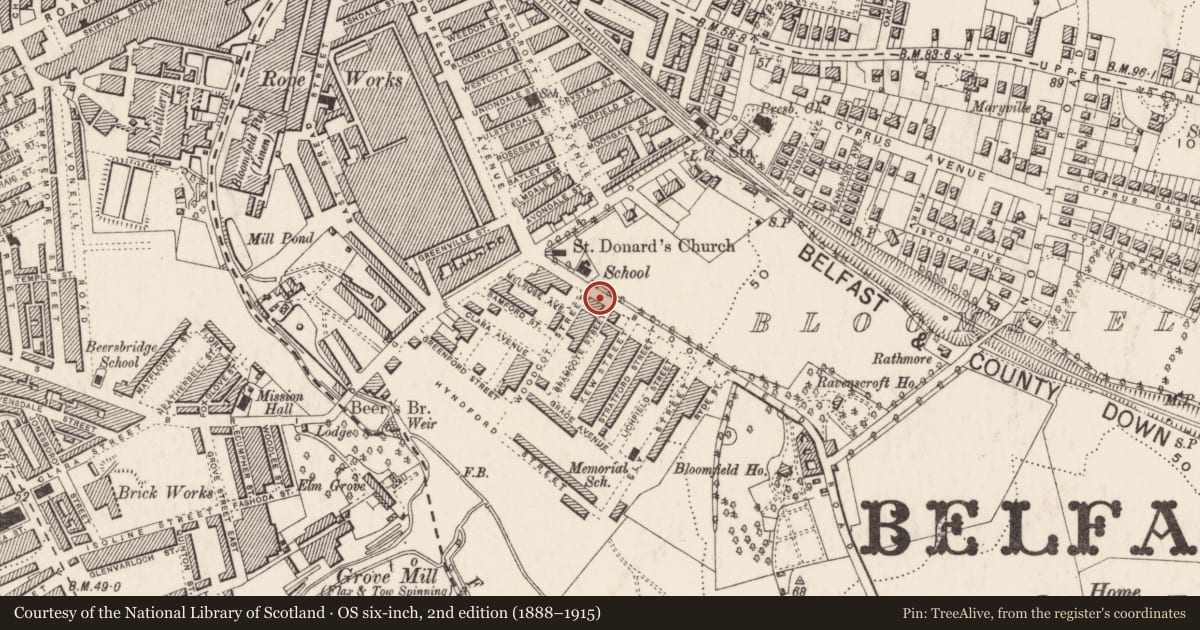 Ordnance Survey six-inch map, 2nd edition (1888–1915) covering the location of 25 Bloomfield Road, BALLYHACKAMORE, Belfast, with a pin at the register's coordinates