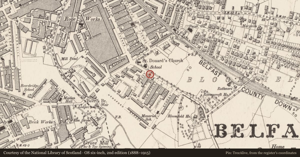 Ordnance Survey six-inch map, 2nd edition (1888–1915) covering the location of 27 Bloomfield Road, BALLYHACKAMORE, Belfast, with a pin at the register's coordinates