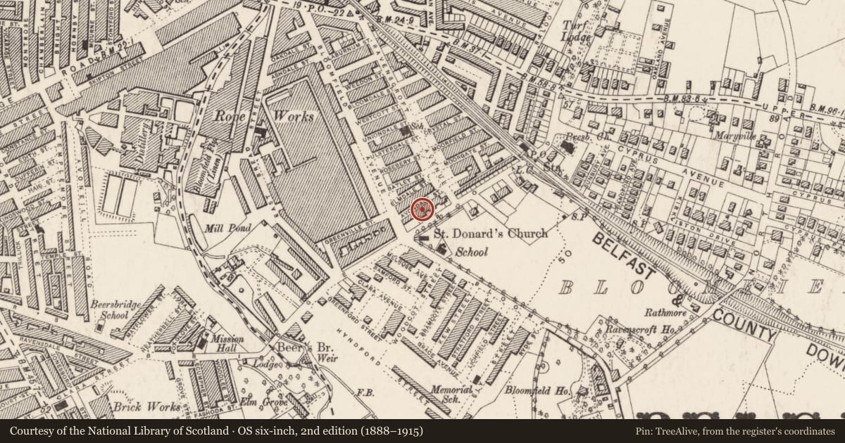 Ordnance Survey six-inch map, 2nd edition (1888–1915) covering the location of 364 Beersbridge Road, Ballyhackamore, Belfast, with a pin at the register's coordinates