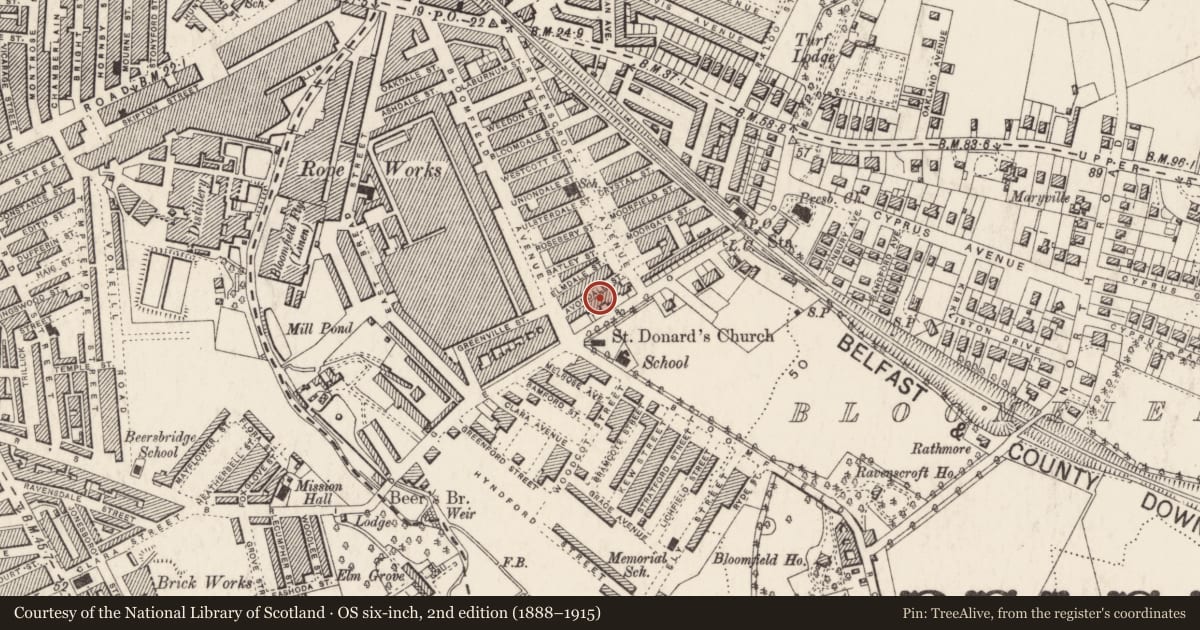 Ordnance Survey six-inch map, 2nd edition (1888–1915) covering the location of 366 Beersbridge Road, Ballyhackamore, Belfast, with a pin at the register's coordinates