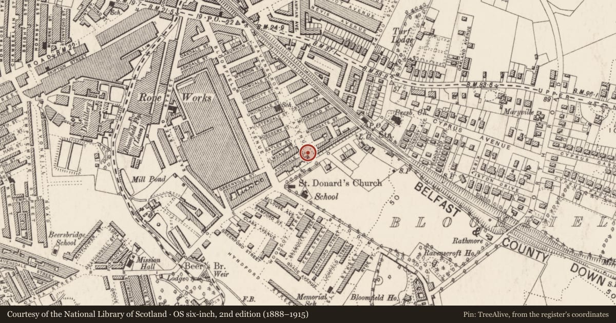 Ordnance Survey six-inch map, 2nd edition (1888–1915) covering the location of 374 Beersbridge Road, BALLYHACKAMORE, Belfast, with a pin at the register's coordinates