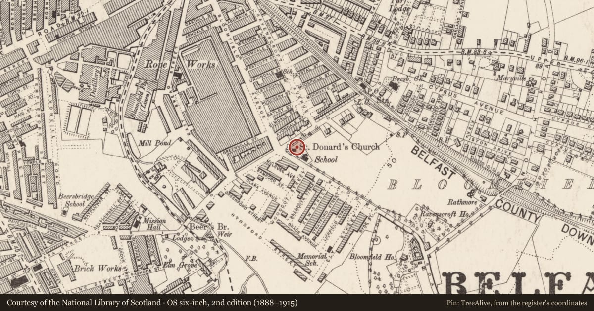 Ordnance Survey six-inch map, 2nd edition (1888–1915) covering the location of St Donard's Church of Ireland Church, BALLYHACKAMORE, Belfast, with a pin at the register's coordinates