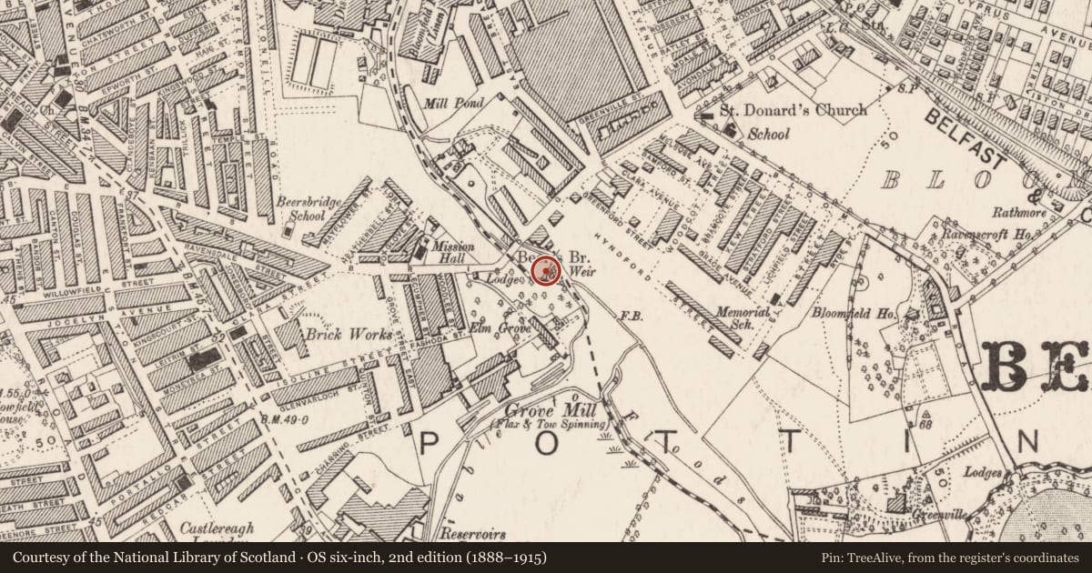 Ordnance Survey six-inch map, 2nd edition (1888–1915) covering the location of Con O'Neill Bridge, Belfast, with a pin at the register's coordinates