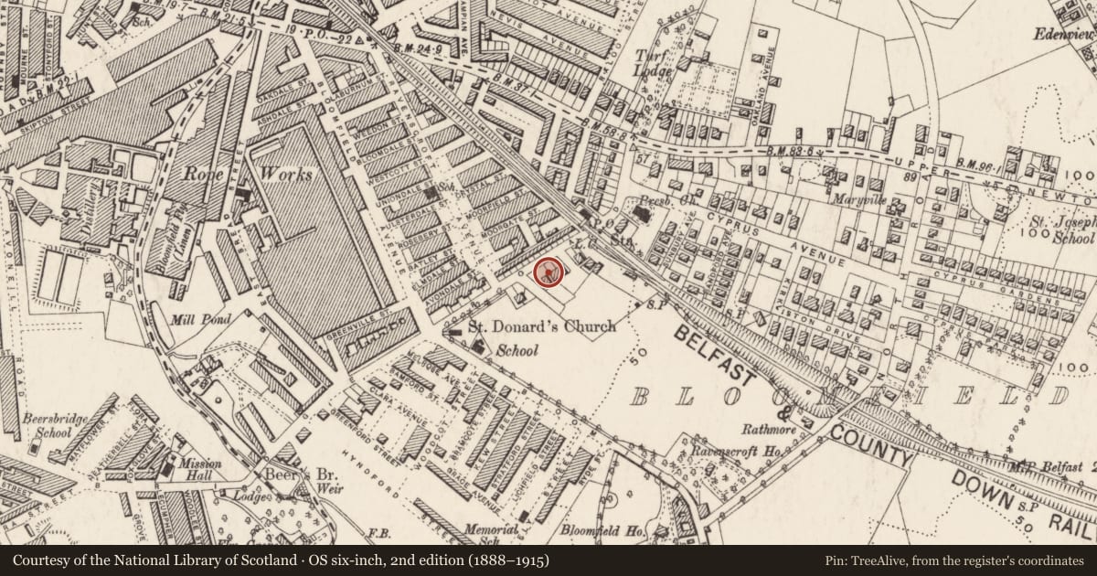 Ordnance Survey six-inch map, 2nd edition (1888–1915) covering the location of 427 Beersbridge Road, Ballyhackamore, Belfast, with a pin at the register's coordinates