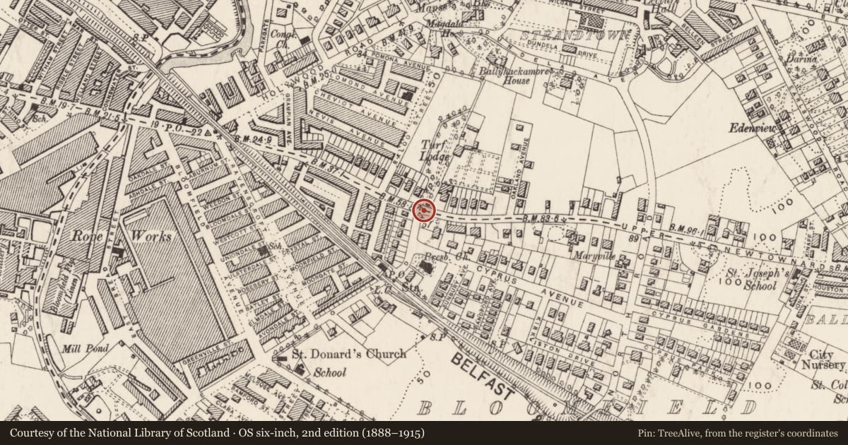 Ordnance Survey six-inch map, 2nd edition (1888–1915) covering the location of Street sign at junction of Beersbridge Road and Upper Newtownards Road, Belfast BT4 3HW, Ballyhackamore, Belfast, with a pin at the register's coordinates