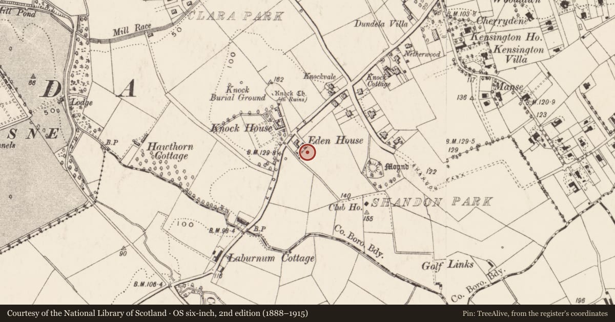 Ordnance Survey six-inch map, 2nd edition (1888–1915) covering the location of 9A Ascot Gardens, Knock, Belfast, with a pin at the register's coordinates