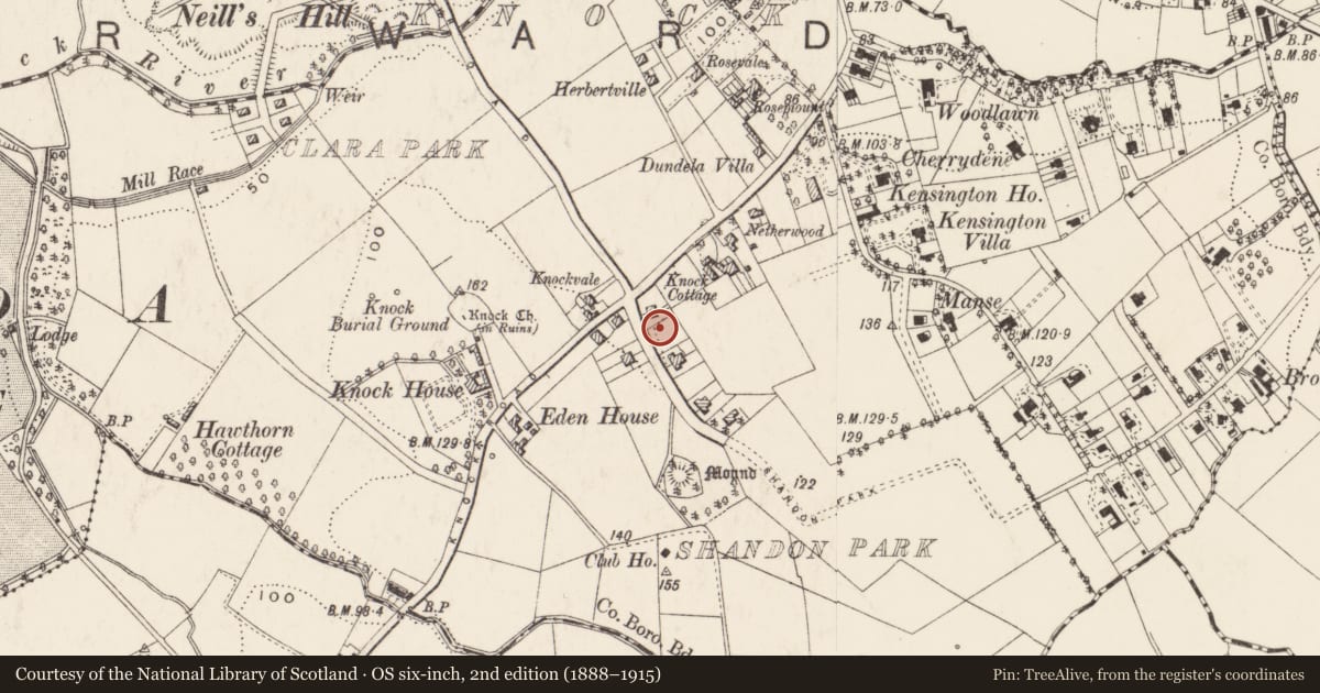 Ordnance Survey six-inch map, 2nd edition (1888–1915) covering the location of 6 Shandon Park, Knock, Belfast, with a pin at the register's coordinates
