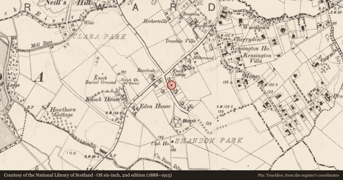 Ordnance Survey six-inch map, 2nd edition (1888–1915) covering the location of 8 Shandon Park, Knock, Belfast, with a pin at the register's coordinates