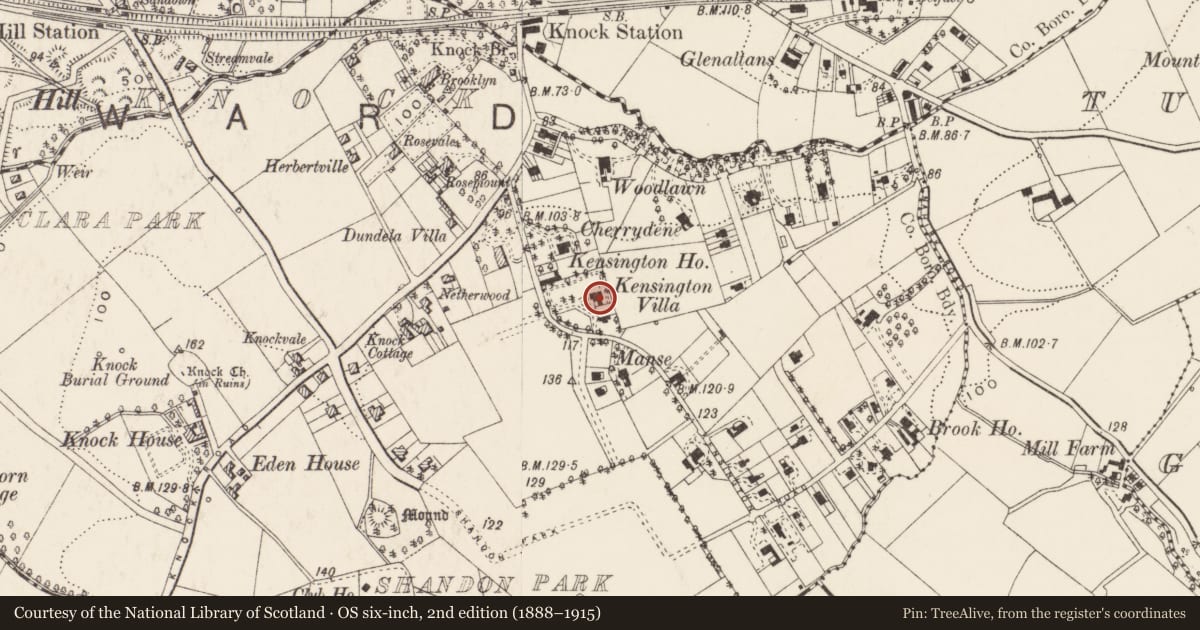 Ordnance Survey six-inch map, 2nd edition (1888–1915) covering the location of Wynard House, Knock, Belfast, with a pin at the register's coordinates