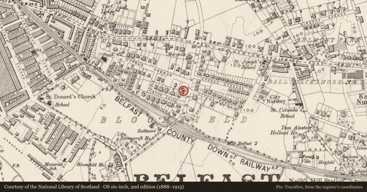 Ordnance Survey six-inch map, 2nd edition (1888–1915) covering the location of 70 North Road, Ballyhackamore, Belfast, with a pin at the register's coordinates