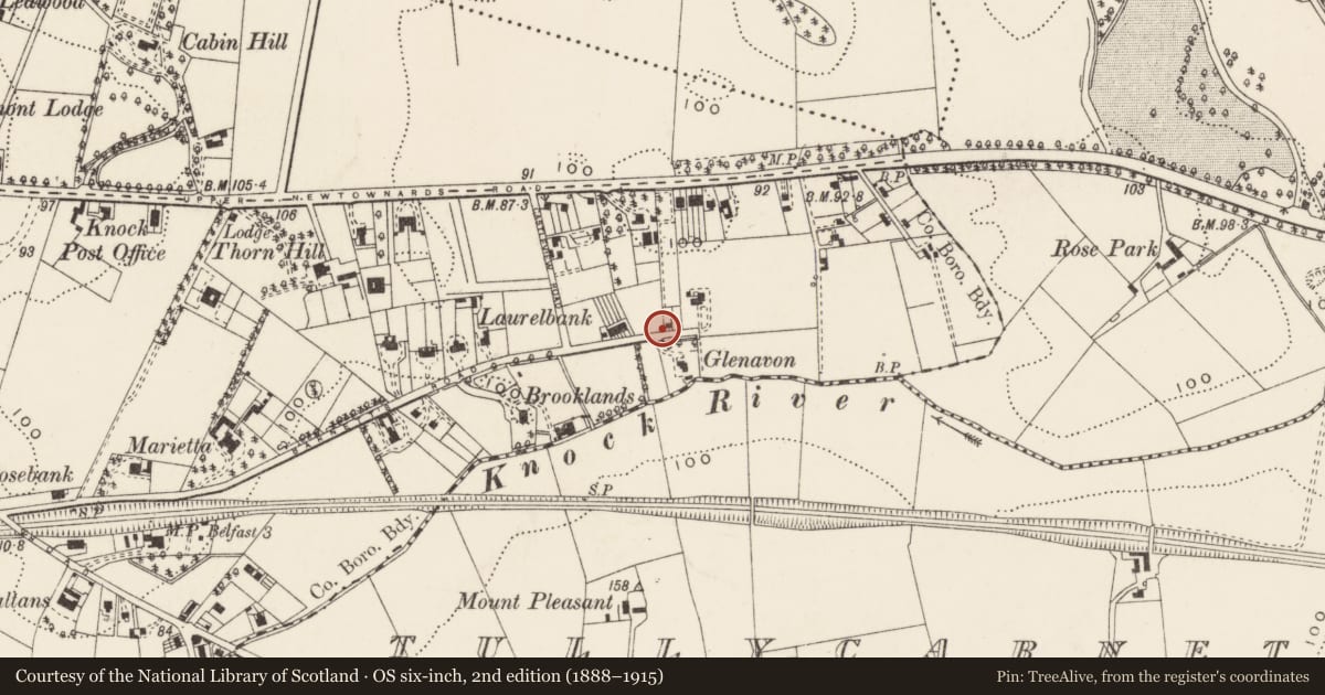 Ordnance Survey six-inch map, 2nd edition (1888–1915) covering the location of Street sign at junction of Summerhill Parade and Barnett's Road, Belfast, BT5 7BG, Ballycloghan, Belfast, with a pin at the register's coordinates