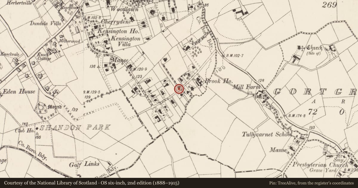 Ordnance Survey six-inch map, 2nd edition (1888–1915) covering the location of Street sign at junction of Cherryvalley Park and Kensington Road, Belfast BT5 6NL, Knock, Belfast, with a pin at the register's coordinates