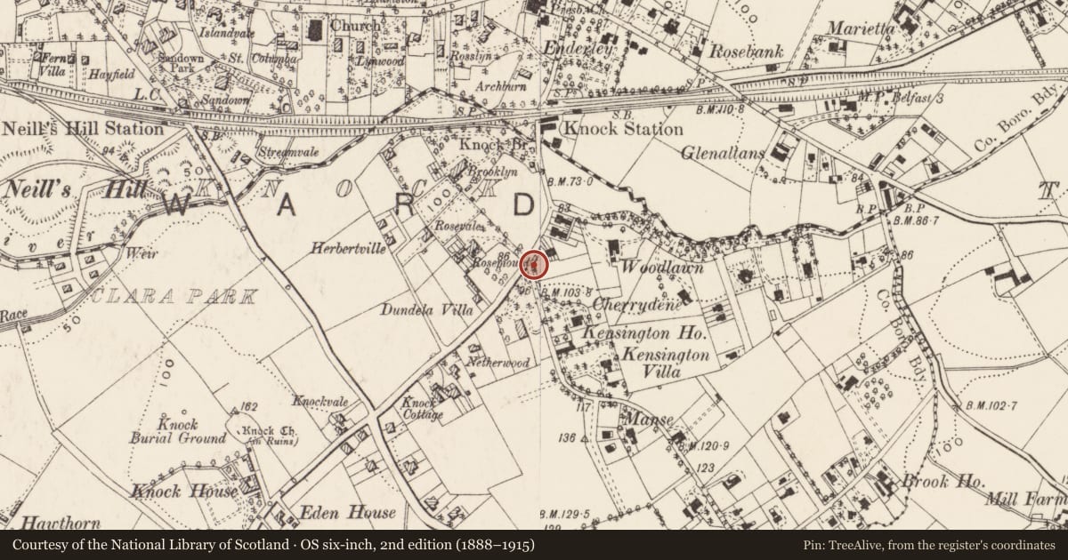 Ordnance Survey six-inch map, 2nd edition (1888–1915) covering the location of Street sign at junction of Kensington Road and Knock Road, Belfast BT5 6BL, Belfast, with a pin at the register's coordinates