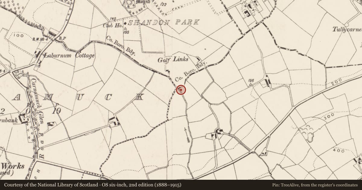 Ordnance Survey six-inch map, 2nd edition (1888–1915) covering the location of Boundary Post, Shandon Park Golf Club, Knock Road, Belfast BT5 6QD, Carnamuck, Belfast, with a pin at the register's coordinates