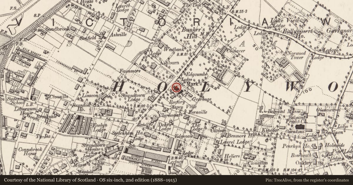 Ordnance Survey six-inch map, 2nd edition (1888–1915) covering the location of St Marks Church, Strandtown, Belfast, with a pin at the register's coordinates