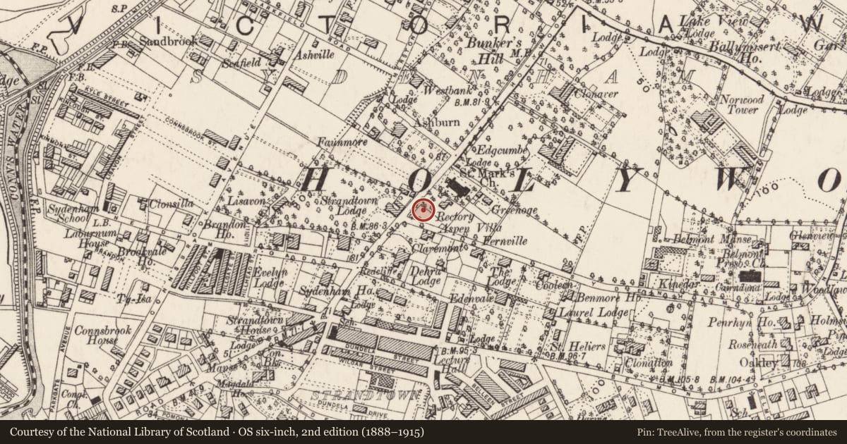 Ordnance Survey six-inch map, 2nd edition (1888–1915) covering the location of Heyn Memorial Hall, STRANDTOWN, Belfast, with a pin at the register's coordinates