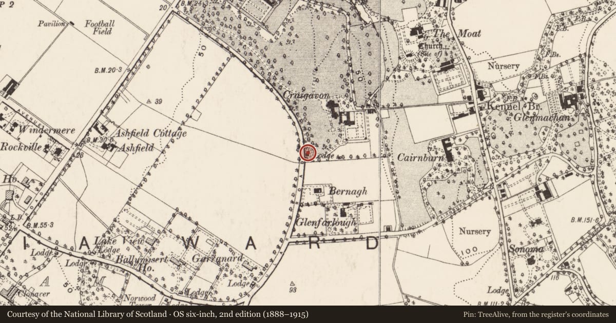 Ordnance Survey six-inch map, 2nd edition (1888–1915) covering the location of Gate Lodge Craigavon House, Ballymisert, Belfast, with a pin at the register's coordinates