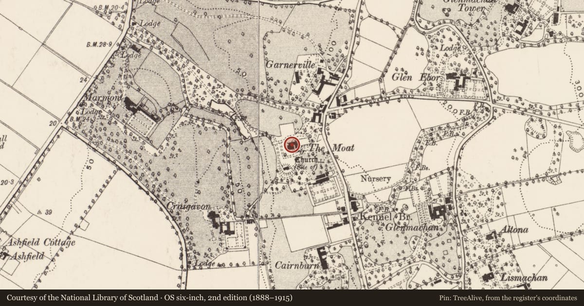 Ordnance Survey six-inch map, 2nd edition (1888–1915) covering the location of Moat House, Ballymaghan, Belfast, with a pin at the register's coordinates