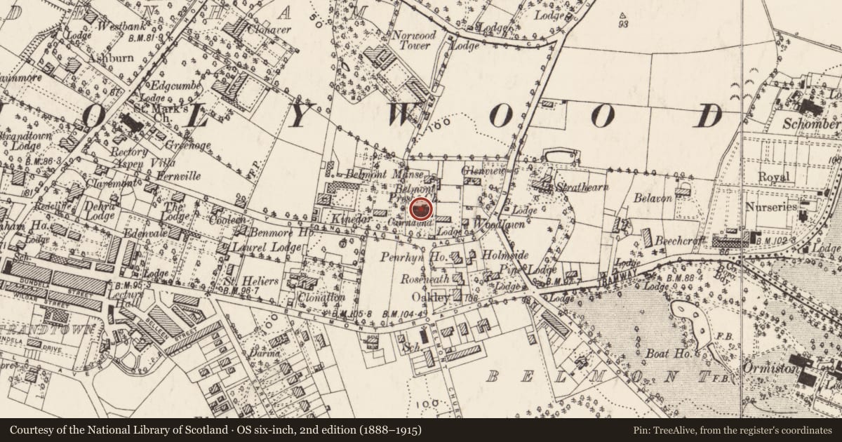 Ordnance Survey six-inch map, 2nd edition (1888–1915) covering the location of Belmont Presbyterian Church, STRANDTOWN, Belfast, with a pin at the register's coordinates