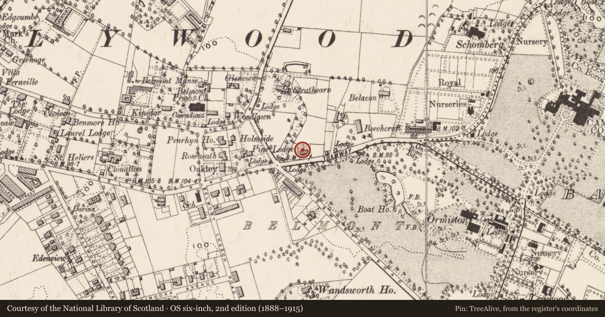 Ordnance Survey six-inch map, 2nd edition (1888–1915) covering the location of 190 Belmont Road, Strandtown, Belfast, with a pin at the register's coordinates