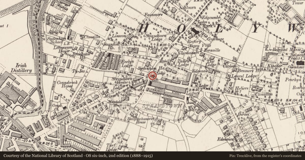 Ordnance Survey six-inch map, 2nd edition (1888–1915) covering the location of 2-4 Belmont Road, Strandtown, Belfast, with a pin at the register's coordinates