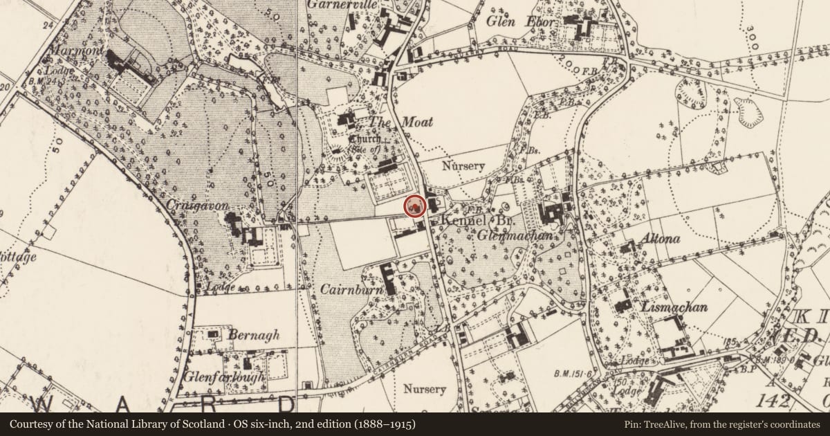 Ordnance Survey six-inch map, 2nd edition (1888–1915) covering the location of 106 Old Holywood Road, Ballymaghan, Belfast, with a pin at the register's coordinates