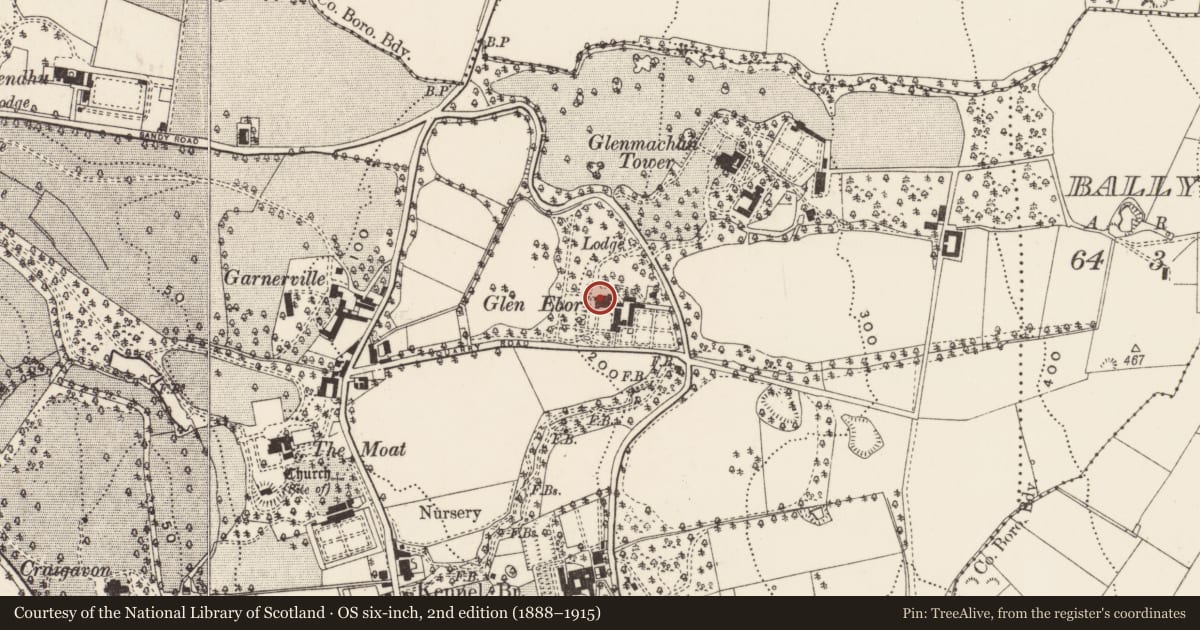 Ordnance Survey six-inch map, 2nd edition (1888–1915) covering the location of Hampton House, Ballymaghan, Belfast, with a pin at the register's coordinates