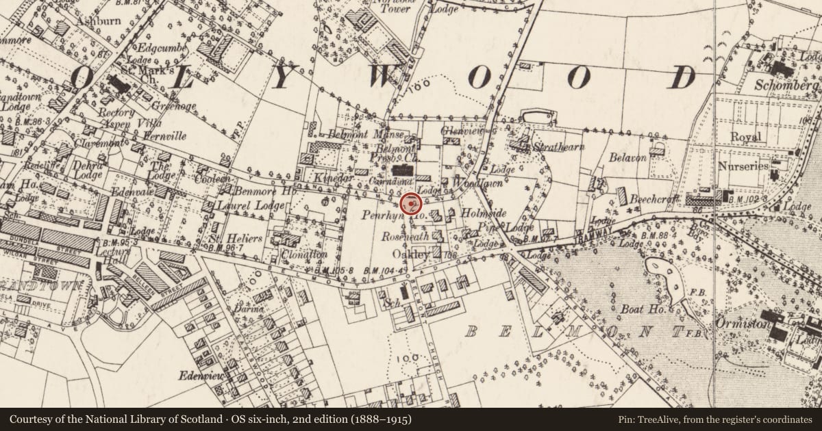 Ordnance Survey six-inch map, 2nd edition (1888–1915) covering the location of Street sign at junction of Belmont Church Road and Sydenham Avenue, Belfast BT4 2DL, Strandtown, Belfast, with a pin at the register's coordinates