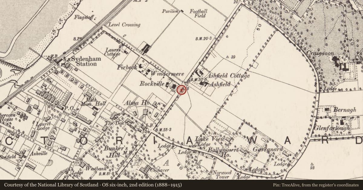 Ordnance Survey six-inch map, 2nd edition (1888–1915) covering the location of Street sign at junction of Carolhill Gardens and Holywood Road, Belfast BT4 2FS, Ballymisert, Belfast, with a pin at the register's coordinates