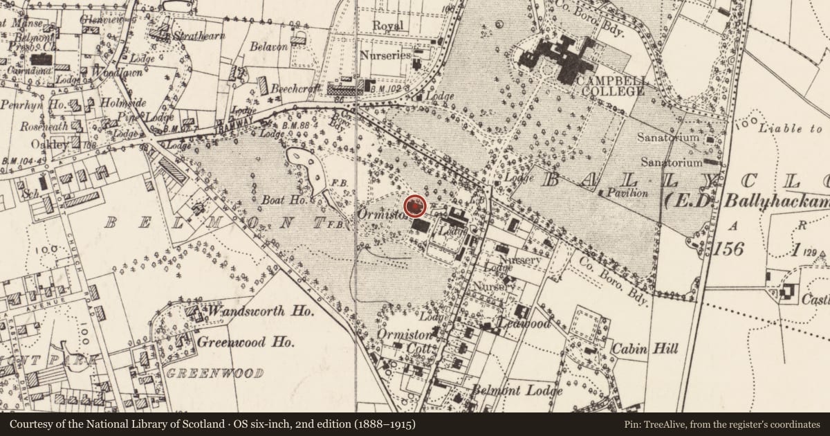 Ordnance Survey six-inch map, 2nd edition (1888–1915) covering the location of Ormiston, Ballycloghan, Belfast, with a pin at the register's coordinates