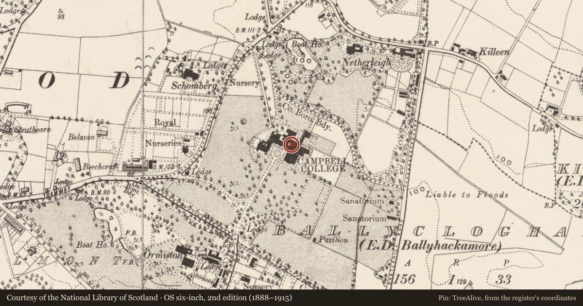 Ordnance Survey six-inch map, 2nd edition (1888–1915) covering the location of Campbell College, Ballycloghan, Belfast, with a pin at the register's coordinates