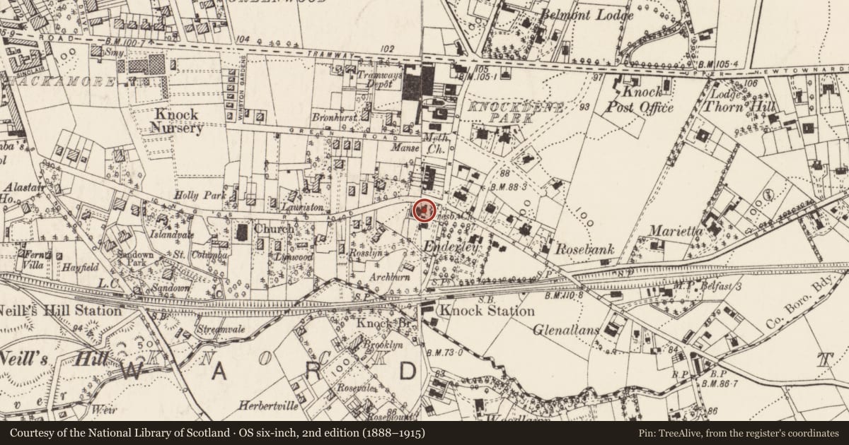 Ordnance Survey six-inch map, 2nd edition (1888–1915) covering the location of Knock Presbyterian Church, Ballycloghan, Belfast, with a pin at the register's coordinates