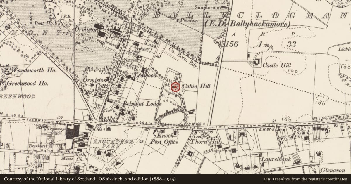 Ordnance Survey six-inch map, 2nd edition (1888–1915) covering the location of Cabin Hill Preparatory School, Upper Newtownards Road, Belfast, Co Down, BT4 3HS, Belfast, with a pin at the register's coordinates