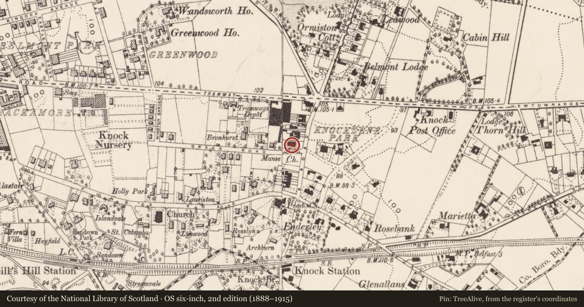 Ordnance Survey six-inch map, 2nd edition (1888–1915) covering the location of Knock Methodist Church, Ballycloghan, Belfast, with a pin at the register's coordinates