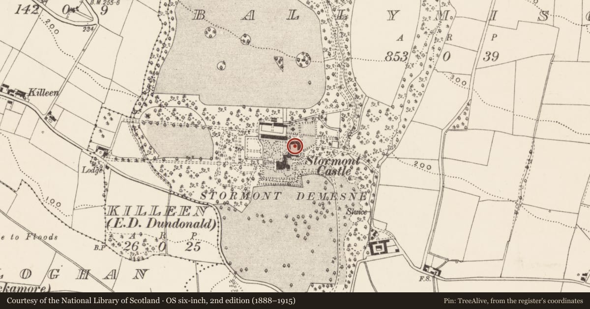 Ordnance Survey six-inch map, 2nd edition (1888–1915) covering the location of Stables Annex, Ballymiscaw, Belfast, with a pin at the register's coordinates