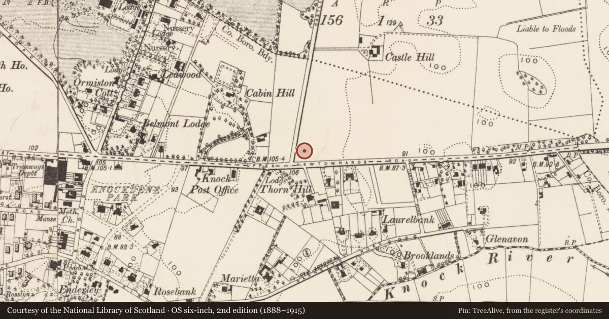 Ordnance Survey six-inch map, 2nd edition (1888–1915) covering the location of Stormont Presbyterian Church, Ballycloghan, Belfast, with a pin at the register's coordinates