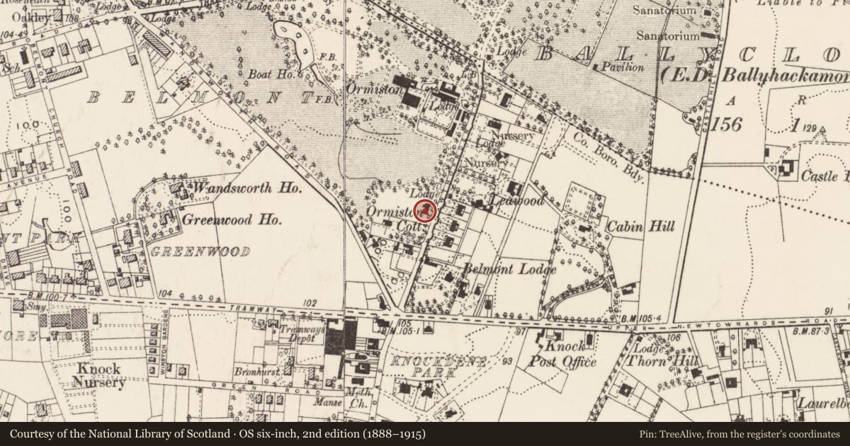 Ordnance Survey six-inch map, 2nd edition (1888–1915) covering the location of 22 Hawthornden Road, Ballycloghan, Belfast, with a pin at the register's coordinates
