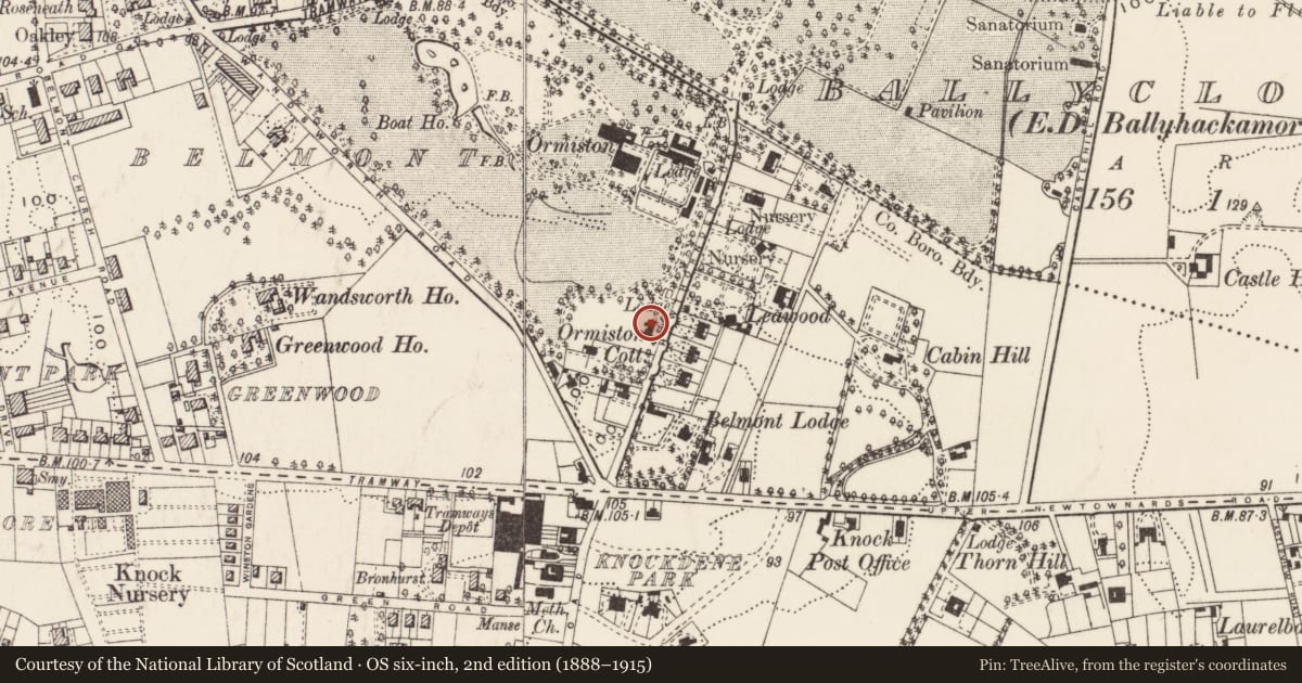 Ordnance Survey six-inch map, 2nd edition (1888–1915) covering the location of 24 Hawthornden Road, Ballycloghan, Belfast, with a pin at the register's coordinates