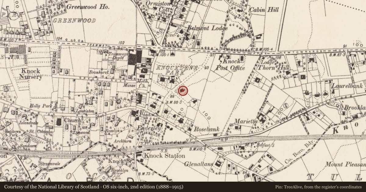 Ordnance Survey six-inch map, 2nd edition (1888–1915) covering the location of 20 Knockdene Park 'Astolat', Ballycloghan, Belfast, with a pin at the register's coordinates