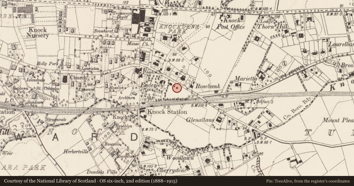 Ordnance Survey six-inch map, 2nd edition (1888–1915) covering the location of 63 King's Road, Ballycloghan, Belfast, with a pin at the register's coordinates