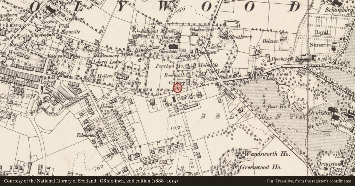 Ordnance Survey six-inch map, 2nd edition (1888–1915) covering the location of Street Sign on Belmont Church Road on corner with Belmont Road, Belfast, Strandtown, Belfast, with a pin at the register's coordinates
