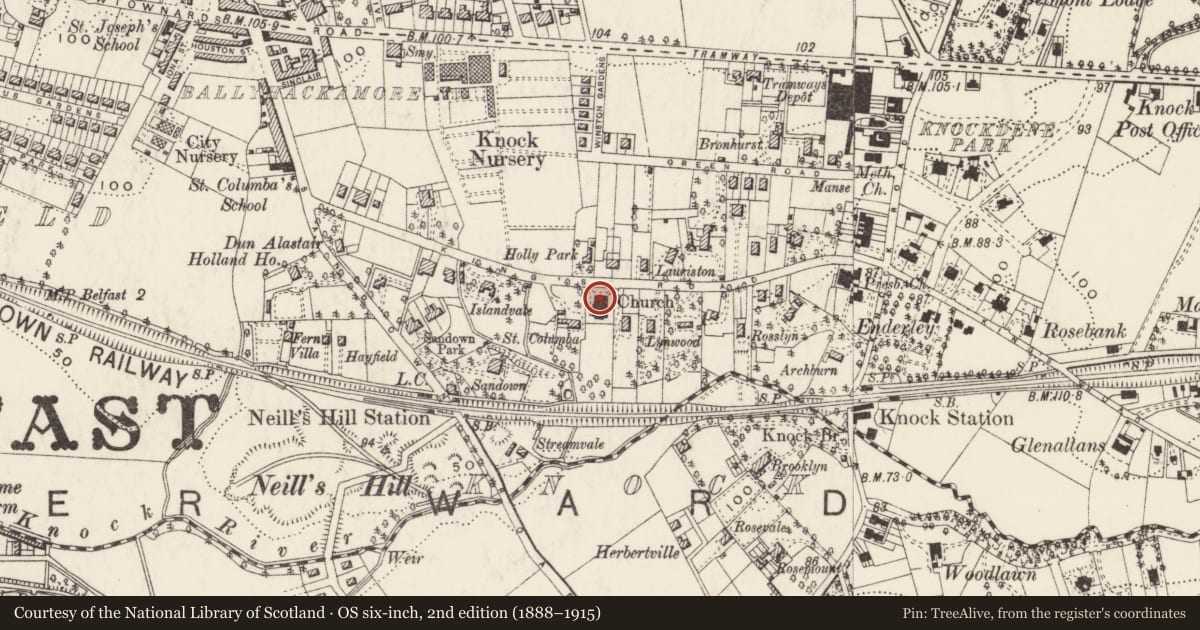 Ordnance Survey six-inch map, 2nd edition (1888–1915) covering the location of St Columba's Church of Ireland, Knock, Belfast, Co Antrim BT5 6JG, Ballycloghan, Belfast, with a pin at the register's coordinates