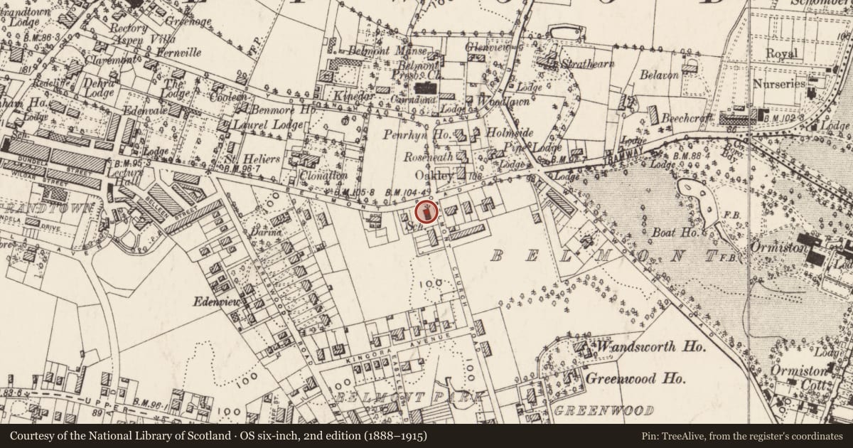 Ordnance Survey six-inch map, 2nd edition (1888–1915) covering the location of Belmont Tower, STRANDTOWN, Belfast, with a pin at the register's coordinates