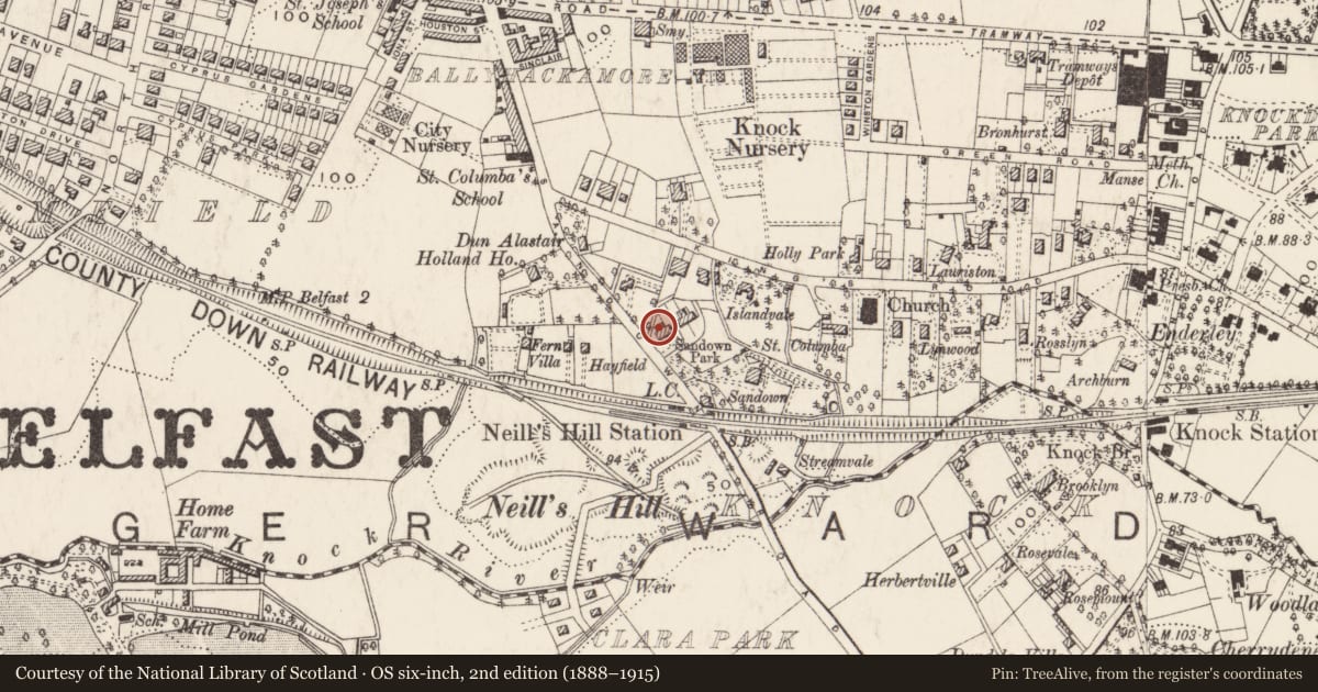 Ordnance Survey six-inch map, 2nd edition (1888–1915) covering the location of 82 Sandown Road, Ballycloghan, Belfast, with a pin at the register's coordinates