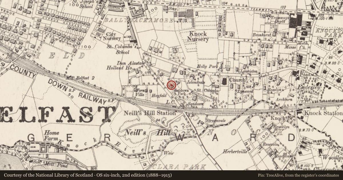 Ordnance Survey six-inch map, 2nd edition (1888–1915) covering the location of 9 Sandown Park, Ballycloghan, Belfast, with a pin at the register's coordinates