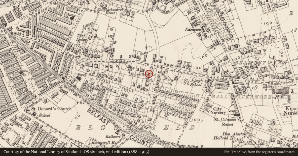 Ordnance Survey six-inch map, 2nd edition (1888–1915) covering the location of 82 North Road, Ballyhackamore, Belfast, with a pin at the register's coordinates